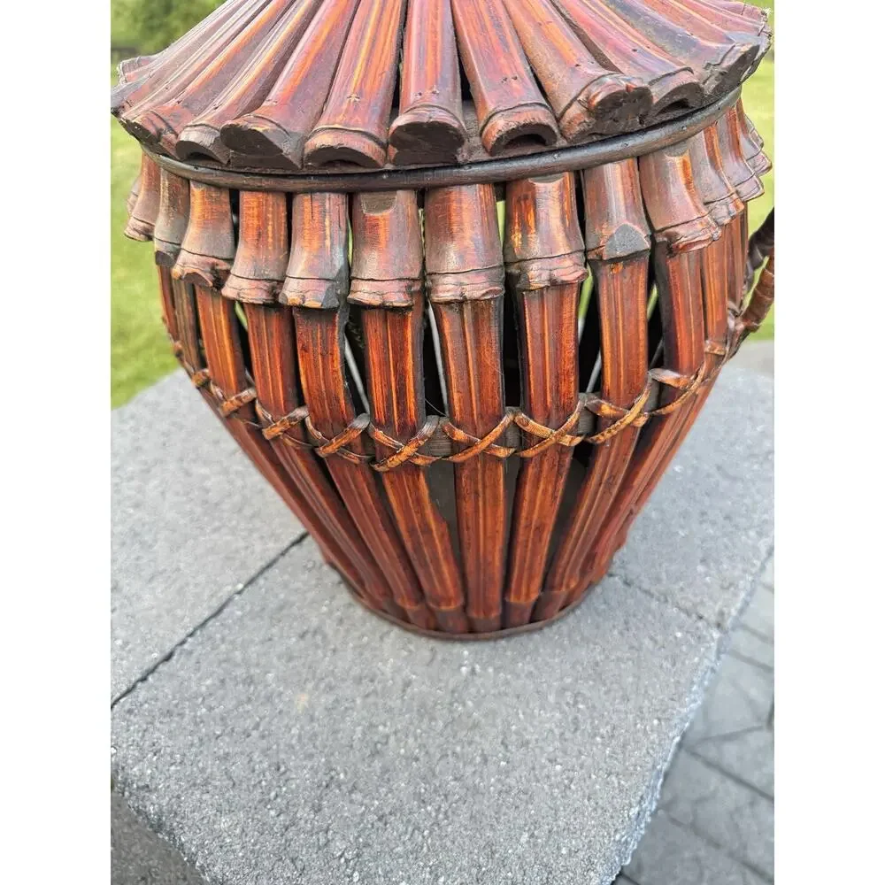 Large Asian Ikebana Bamboo Basket Lidded Woven Tortoise Floor Vase 17